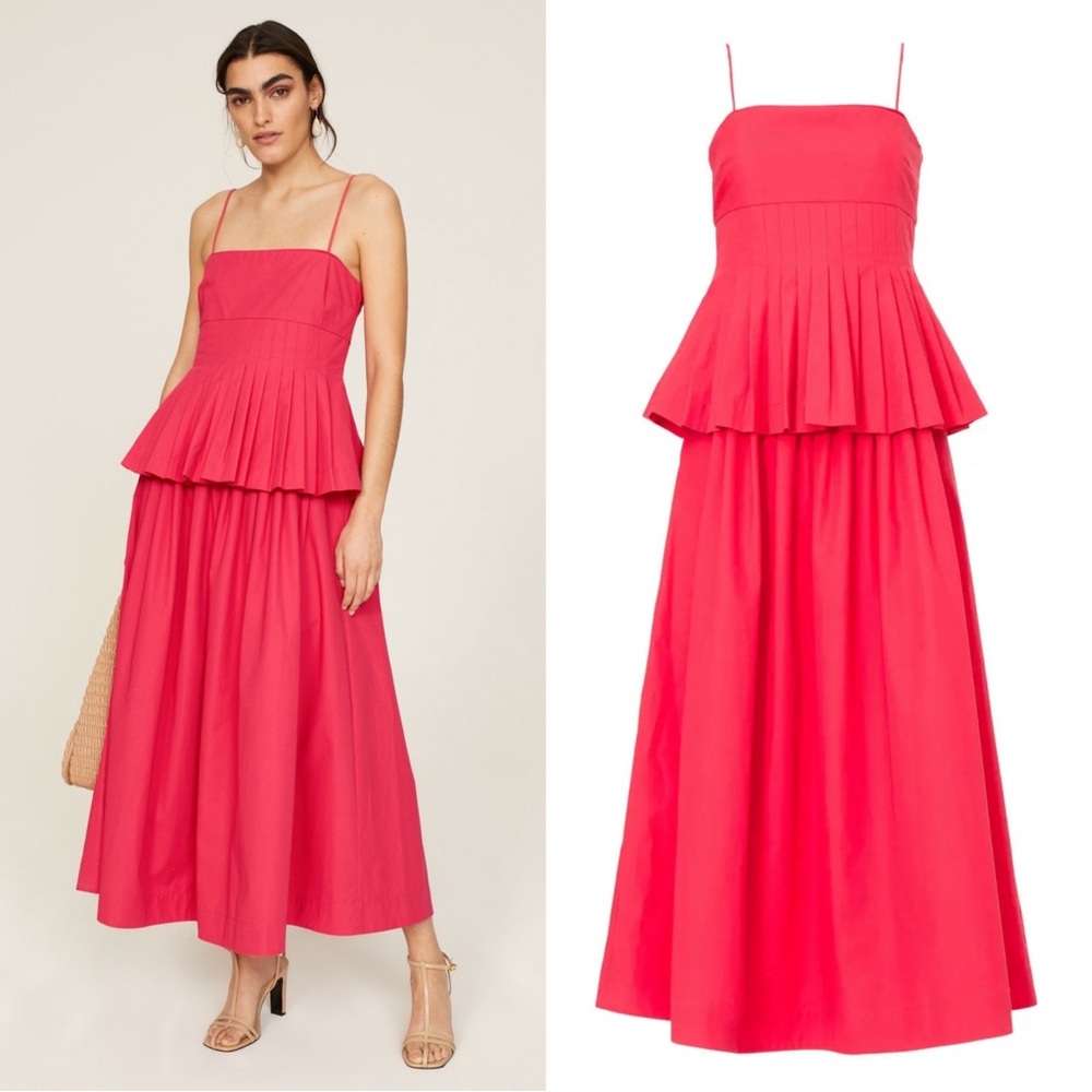 CO Peplum Pleated Square Neck Cotton Midi Dress Size Medium Dark Pink